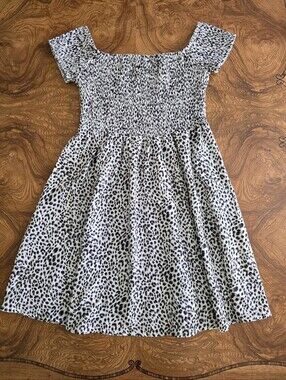 Simplee Women's Off-Shoulder Smocked Leopard Print Mini Dress Womens Size M